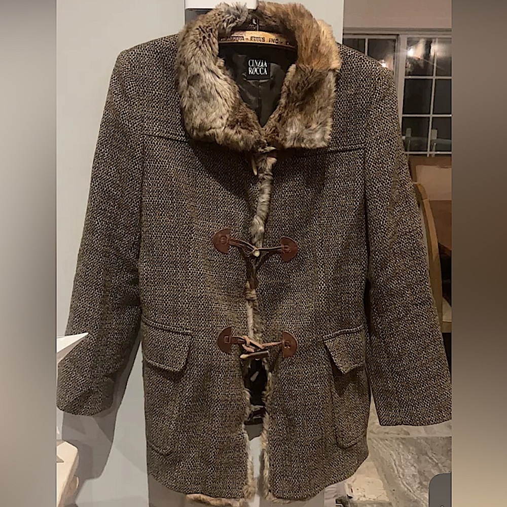 CINZIA ROCCA Italian Wool Cashmere Faux Fur Trim Toggle Coat